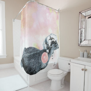 Watercolor Mum and Baby Pygmy Goats Bubblegum Shower Curtain