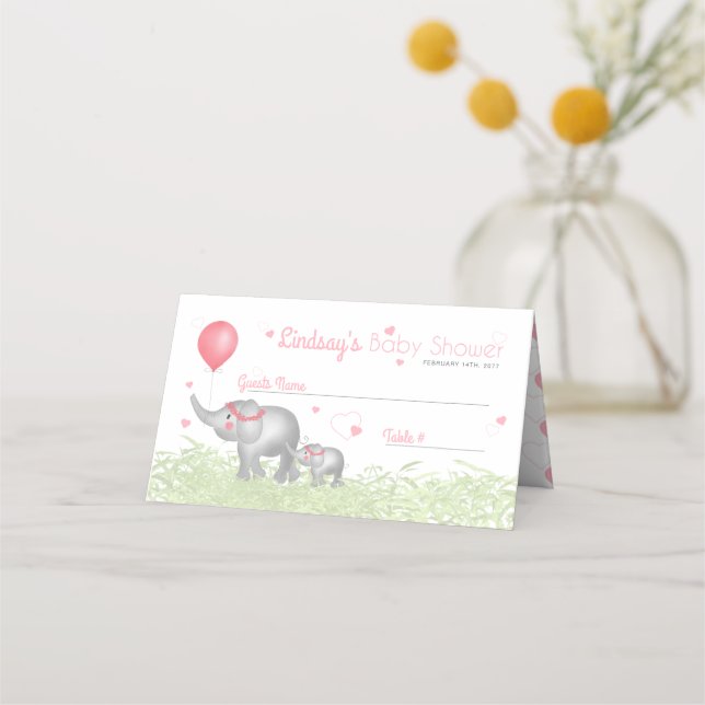 Watercolor Mum & Baby Elephants Pink Heart Pattern Place Card (Front)