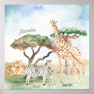 Watercolor Mummy and Baby African Animals Poster