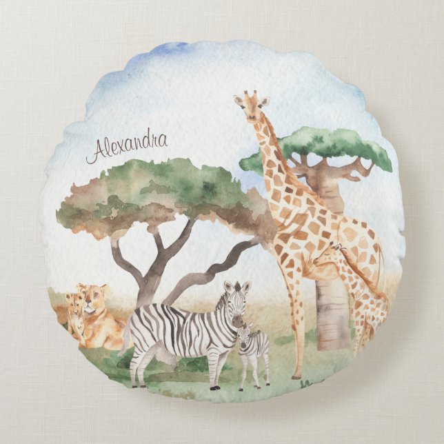 Watercolor Mummy and Baby African Animals Round Cushion (Front)