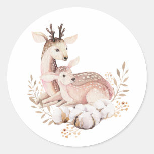 Watercolor Mummy and Baby Deer Wreath Woodland Classic Round Sticker