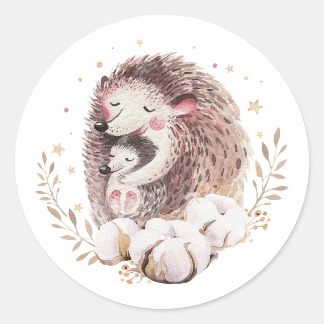 Watercolor Mummy and Baby Hedgehog Woodland Classic Round Sticker (Front)