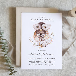 Watercolor Mummy and Baby Owl Fall Baby Shower Invitation