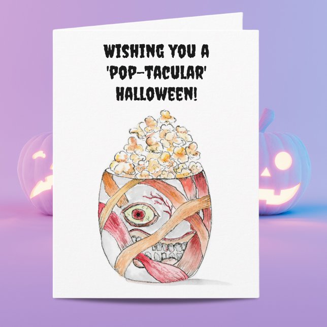 Watercolor Mummy Popcorn Happy Halloween Card (A fun unique watercolor Popcorn Halloween card for family and friends.)