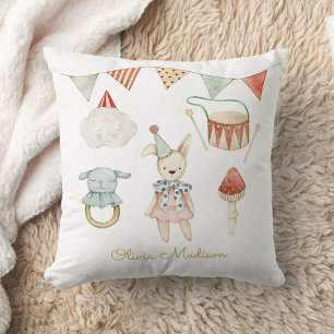 Watercolor Mushroom and Baby Toys Whimsical Cushion
