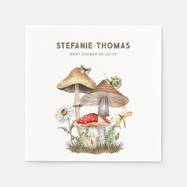 Watercolor Mushroom Baby Shower Napkins | Woodland (Front)