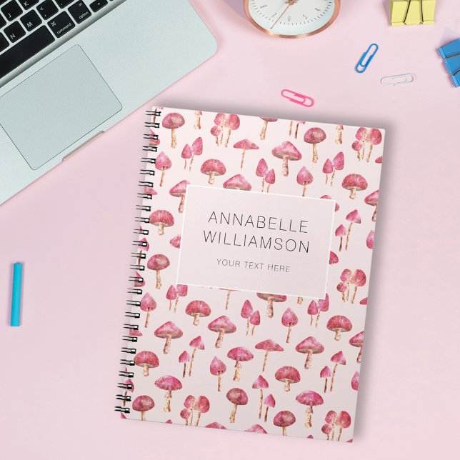 Watercolor mushroom Name Notebook (Cute pink woodland mushroom pattern notebook.  Personalize with your own name and choice of text.)