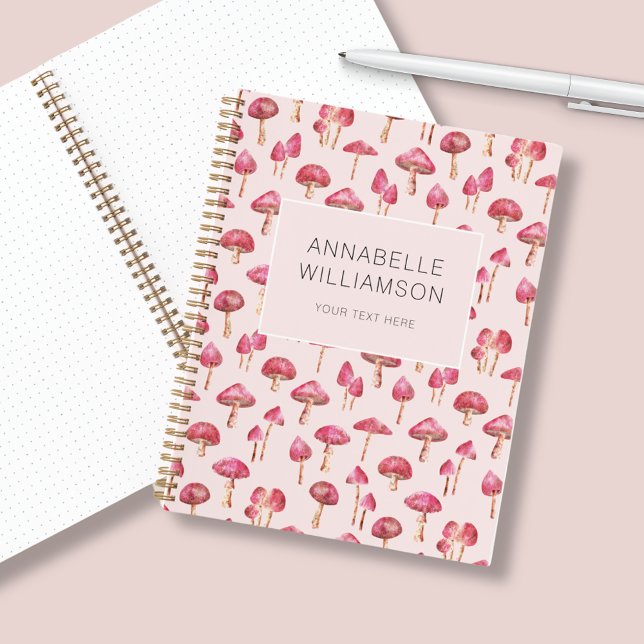 Watercolor mushroom Name Notebook (Pink mushroom customized notebook. Add your own name and text for your own personalized stationery.)