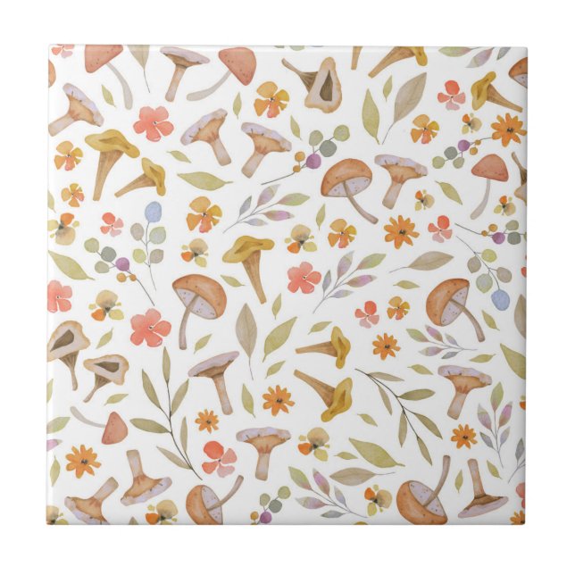 Watercolor Mushrooms and Flowers Ceramic Tile (Front)