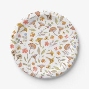 Watercolor Mushrooms and Flowers Paper Plate