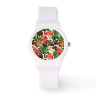 Watercolor  mushrooms and green fern pattern watch
