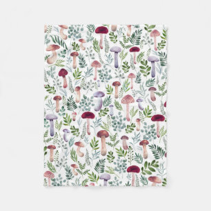 Watercolor Mushrooms and greenery leaves pattern Fleece Blanket