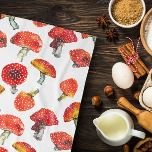 Watercolor mushrooms Cute fall pattern Tea Towel