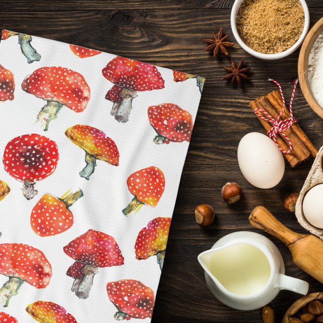 Watercolor mushrooms Cute fall pattern Tea Towel (Creator Uploaded)