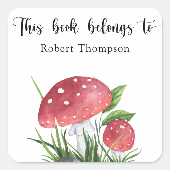 Watercolor mushrooms - this book belongs to square sticker (Front)