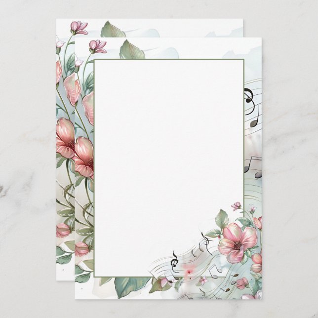 Watercolor music notes and flowers invitation (Front/Back)