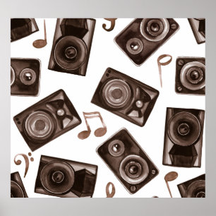 Watercolor Music Speakers Sepia Pattern Poster