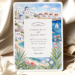 Watercolor Mykonos Seaside Windmills Wedding Invitation<br><div class="desc">Transport your guests to the iconic beauty of the Greek Islands with this watercolor Mykonos wedding invitation. Featuring charming white-washed buildings, blue domed churches, classic windmills, and a sparkling Aegean Sea, this hand-painted design captures the magic of Mykonos. Soft floral accents and lush coastal foliage complete the scene, creating a...</div>