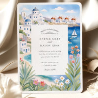 Watercolor Mykonos Seaside Windmills Wedding
