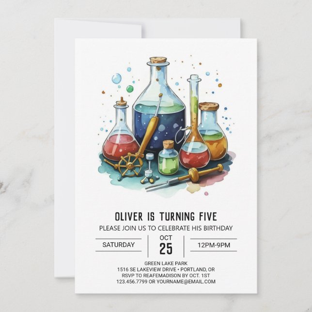 Watercolor Mystery Lab Scientist Birthday Invitation (Front)