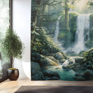 Watercolor Mystic Forest Waterfall Shower Curtain