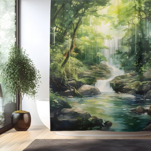 Watercolor Mystic Forest Waterfall Shower Curtain