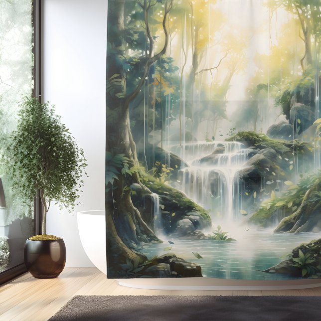 Watercolor Mystic Forest Waterfall Shower Curtain (Creator Uploaded)