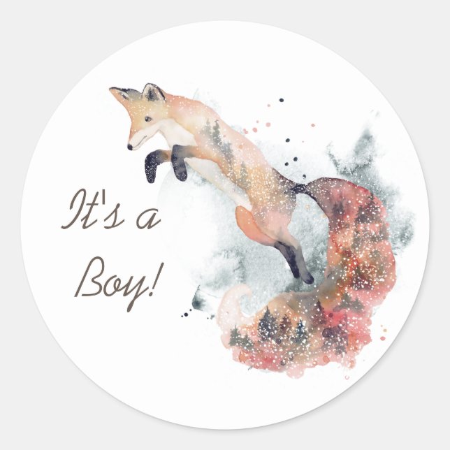 watercolor mystical fox It's a Boy Sticker (Front)