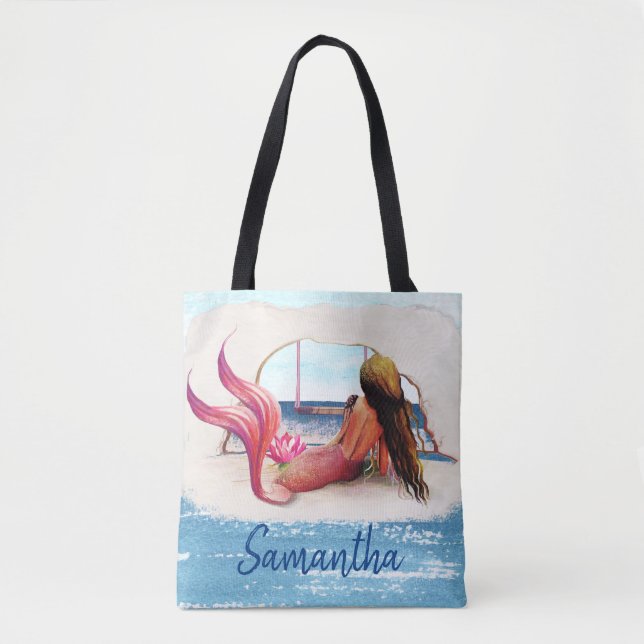 Watercolor Name Beach Mermaid African American Tote Bag (Front)