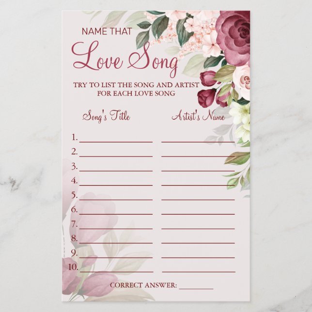 Watercolor  Name that love song shower game card (Front)