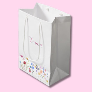 Watercolor Name Wildflower Minimalistic Boho  Medium Gift Bag