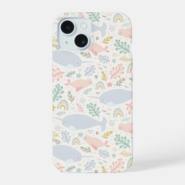 Watercolor Narwhal & Seal Pattern iPhone 15 Case (Back)