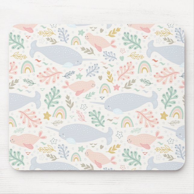Watercolor Narwhal & Seal Pattern Mouse Pad (Front)