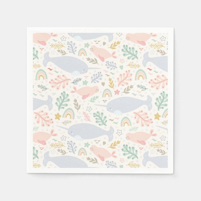 Watercolor Narwhal & Seal Pattern Napkin (Front)
