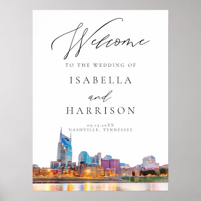 Watercolor Nashville Skyline Wedding Welcome Sign (Front)