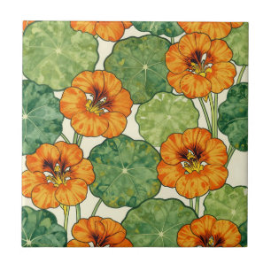 Watercolor Nasturtium Floral Pattern Ceramic Tile