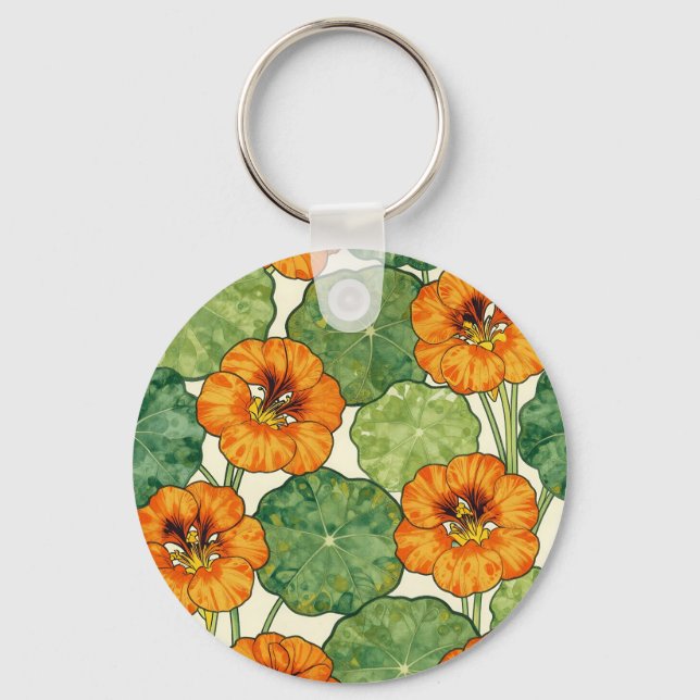 Watercolor Nasturtium Floral Pattern Key Ring (Front)