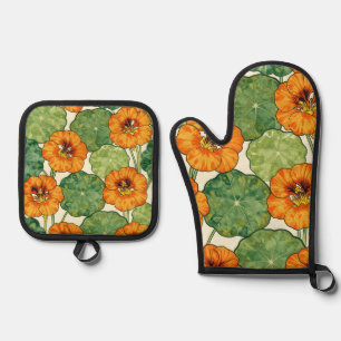 Watercolor Nasturtium Floral Pattern Oven Mitt & Pot Holder Set