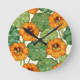 Watercolor Nasturtium Floral Pattern Round Clock