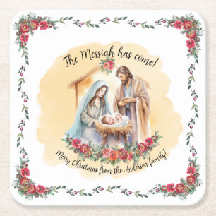 Watercolor nativity and roses customisable napkins square paper coaster