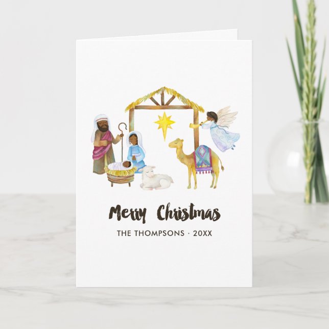 Watercolor Nativity Christmas Photo Holiday Card (Front)