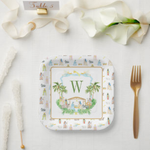 Watercolor Nativity Monogram Crest Christmas Paper Plate