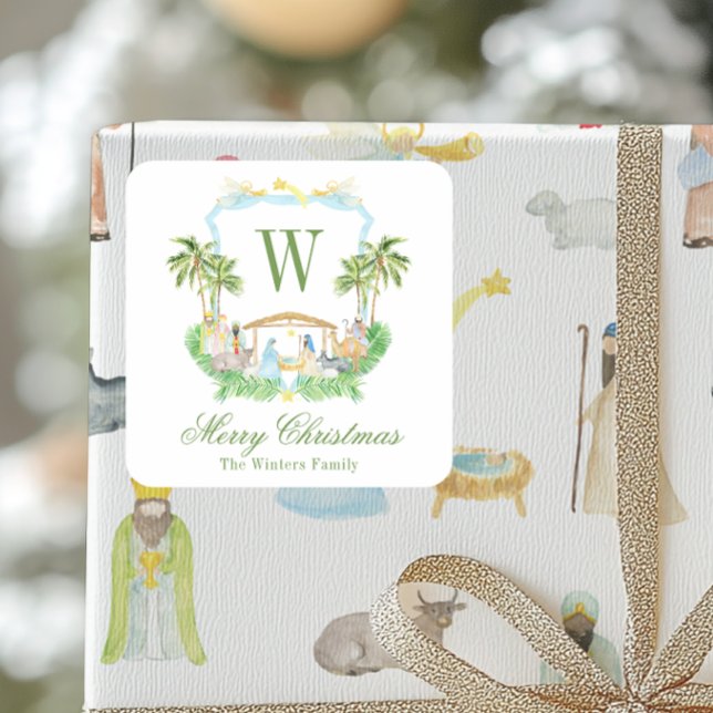 Watercolor Nativity Monogram Crest Christmas Square Sticker (Creator Uploaded)