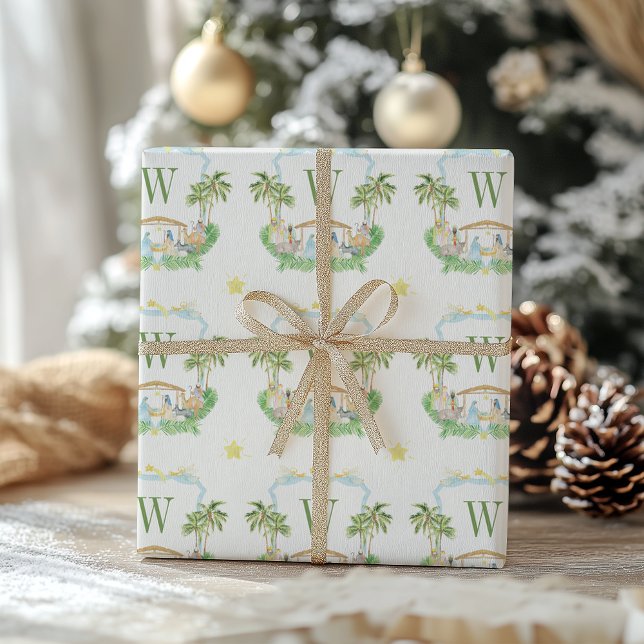 Watercolor Nativity Monogram Crest Christmas Wrapping Paper (Creator Uploaded)