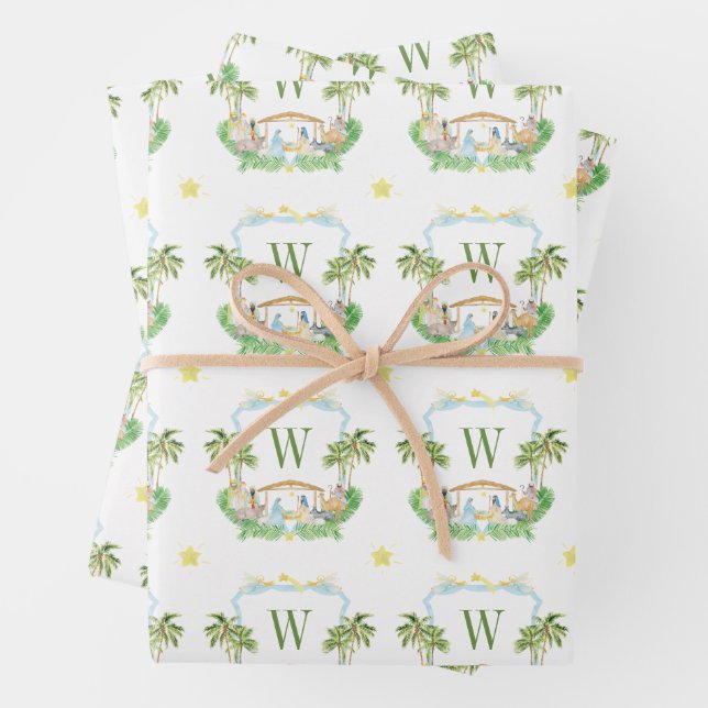 Watercolor Nativity Monogram Crest Christmas Wrapping Paper Sheet (In situ)