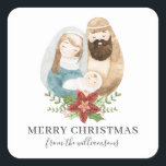 Watercolor Nativity Pretty Christmas | Name Square Sticker<br><div class="desc">These simple, stylish stickers feature a hand painted watercolor Nativity scene (Baby Jesus, Mary, and Joseph), along with a poinsettia floral design. Text templates are included for a greeting and personalisation. Great for use as envelope seals, favour labels, gift tags, and more! Remind your friends and family about the true...</div>