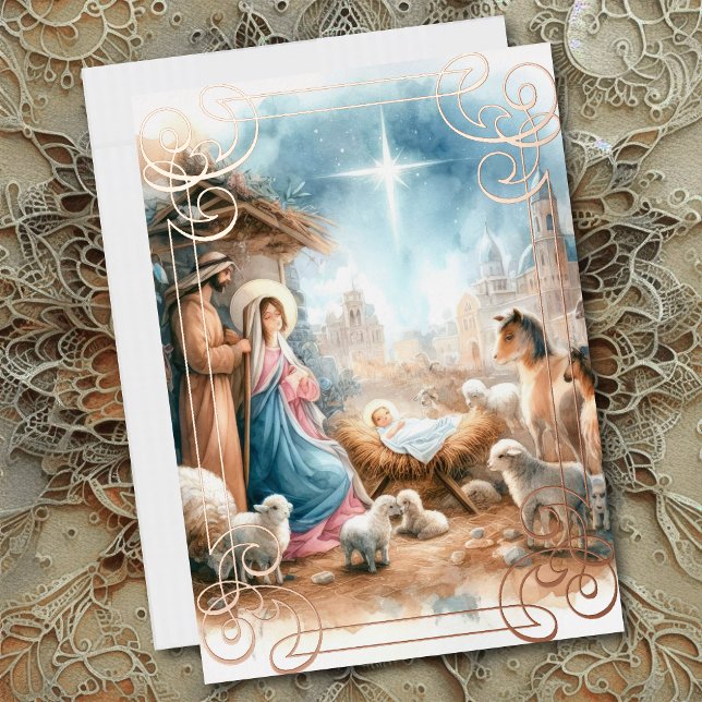 Watercolor Nativity Scene Foil Holiday Card (Creator Uploaded)