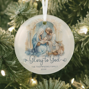 Watercolor Nativity Scene Glory to God Christmas Glass Tree Decoration