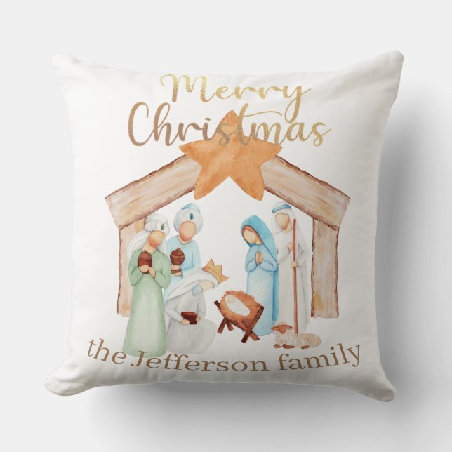 Watercolor Nativity Scene Merry Christmas Cushion (Front)