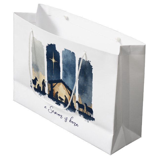 Watercolor Nativity Scene Religious Christmas Large Gift Bag (Front Angled)